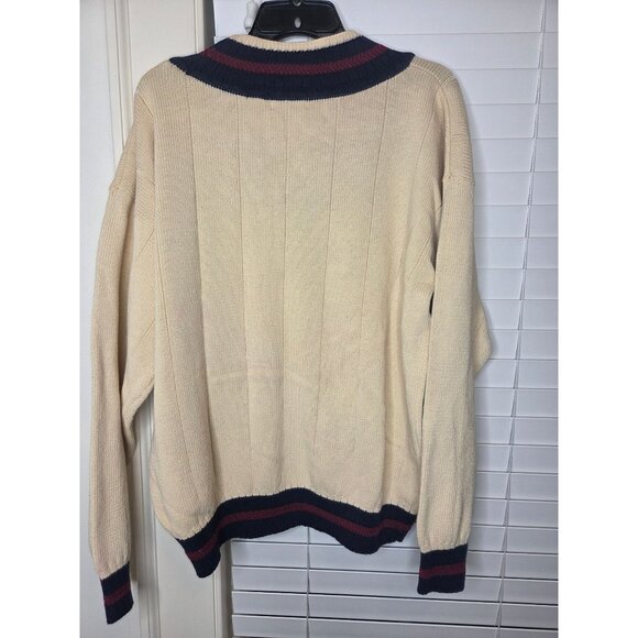 VTG Mens Tennis Sweater L Beige V-Neck Cotton Cable Knit Racket design Preppy - Picture 7 of 10